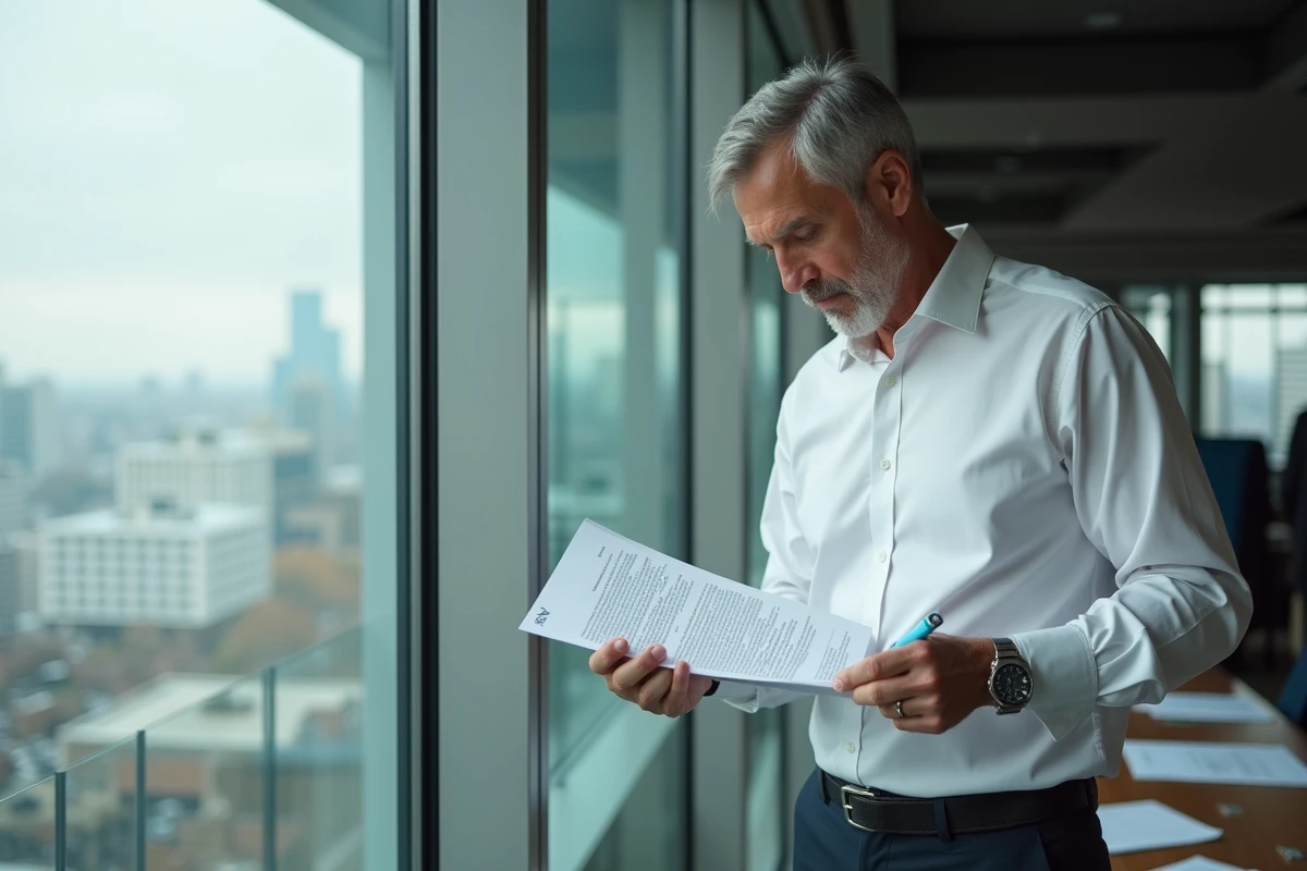 Homme en costume corrigeant un manuscrit dans un bureau moderne