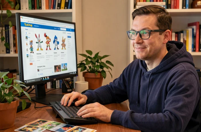 Homme consultant une encyclopédie Pokémon sur ordinateur pour découvrir les personnages en N