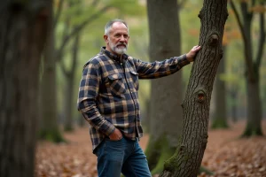 Homme inspectant une branche de chêne avec des galles dans la forêt