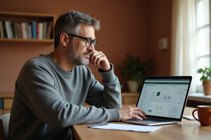 Homme consultant un tableau de bord de finances personnelles sur ordinateur portable depuis son domicile