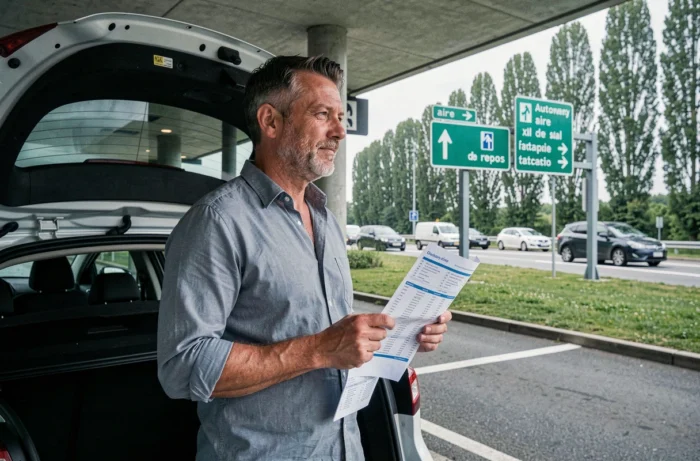 Homme consultant son itinéraire papier dans une aire de repos sur l'autoroute française