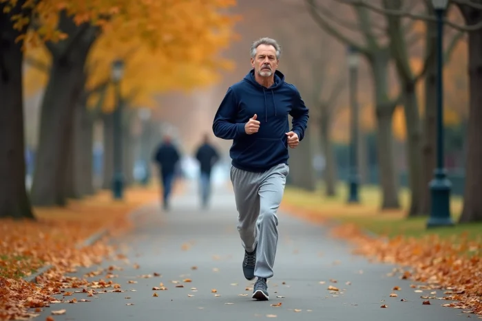 Homme faisant du jogging dans un parc urbain en automne pour maintenir une bonne santé physique au quotidien