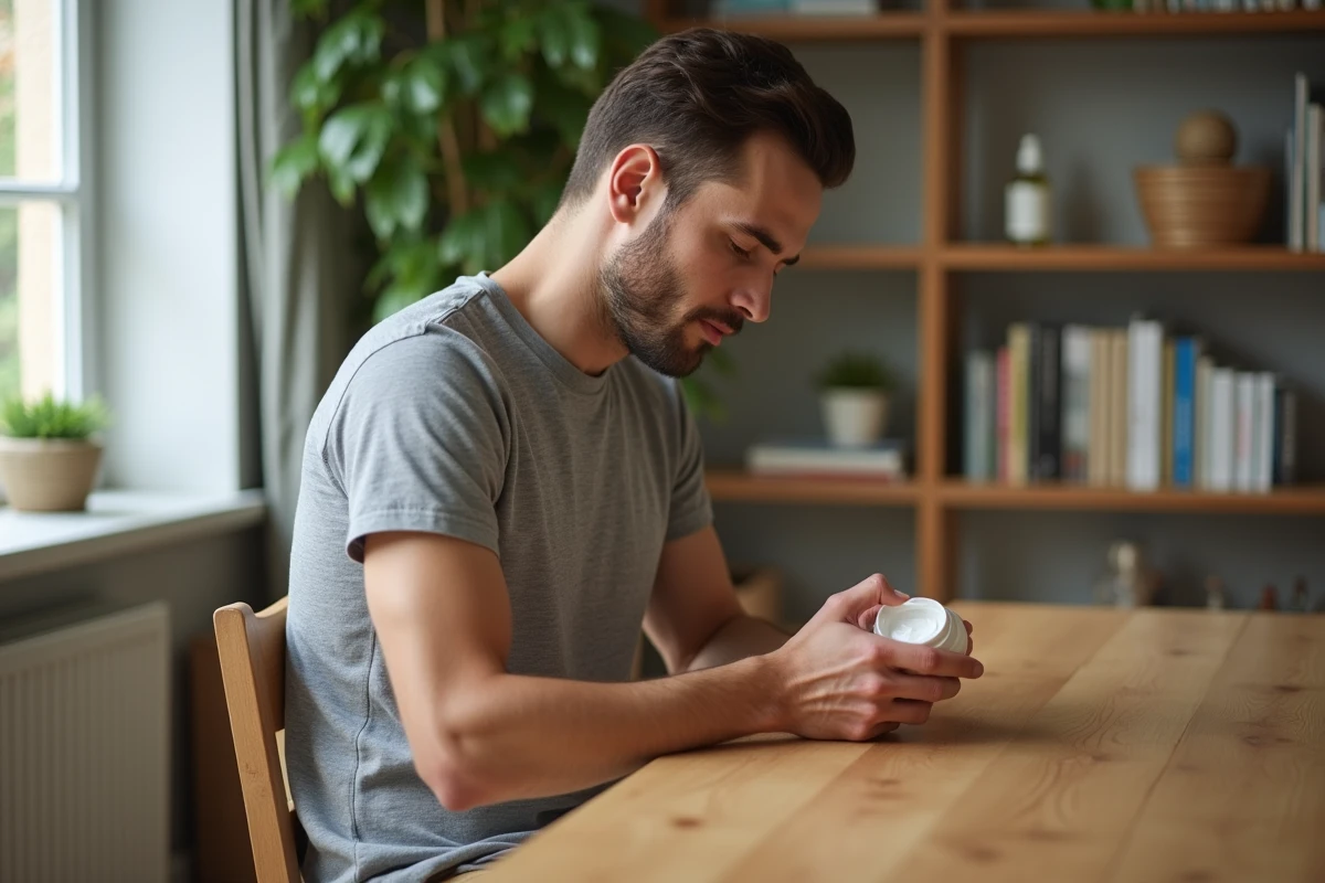 Jeune homme appliquant une creme sur ses mains dans un salon cosy