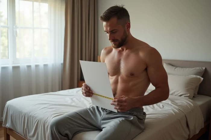Homme utilisant une feuille de papier pour mesurer son tour de taille à la maison