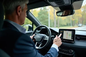 Homme d'âge moyen utilisant le GPS dans une voiture moderne