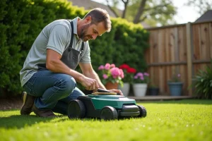 Homme nettoie la lame de sa tondeuse robot Parkside dans le jardin