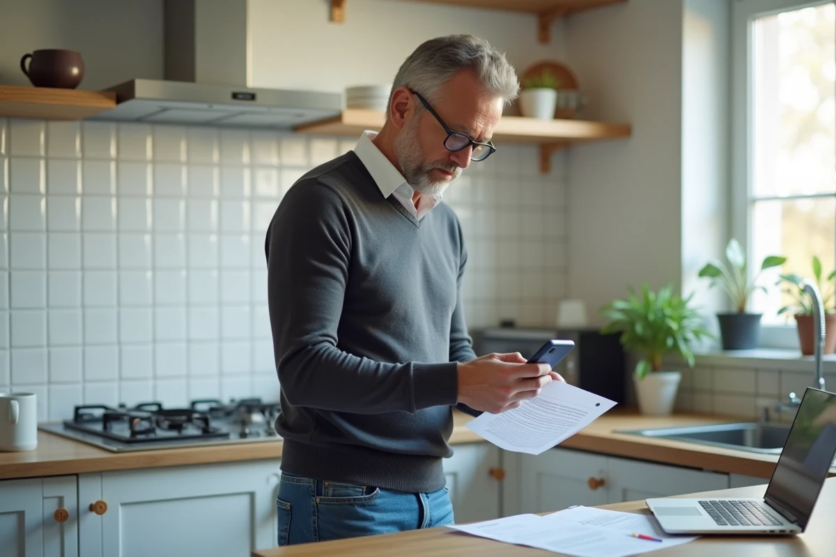 Homme scannant un document dans une cuisine lumineuse