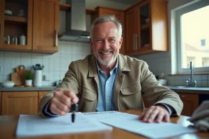 Homme d'âge moyen souriant tenant des clés de voiture et des documents