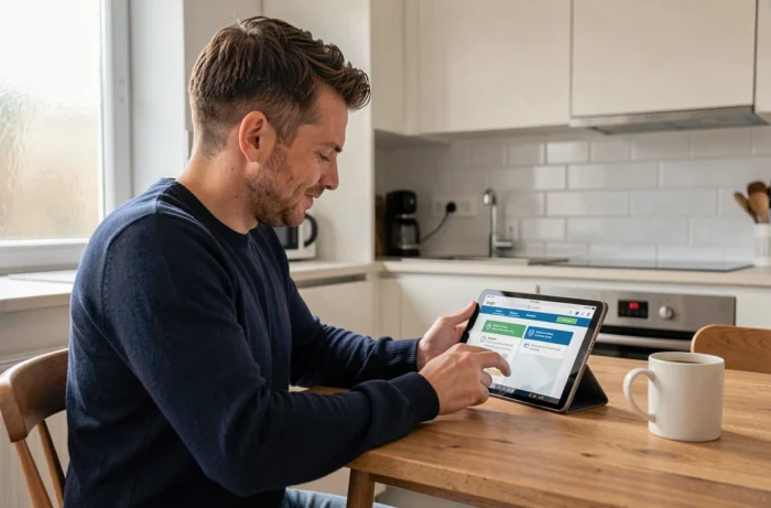 Homme utilisant une tablette pour accéder à un service en ligne de type Adivak depuis son domicile