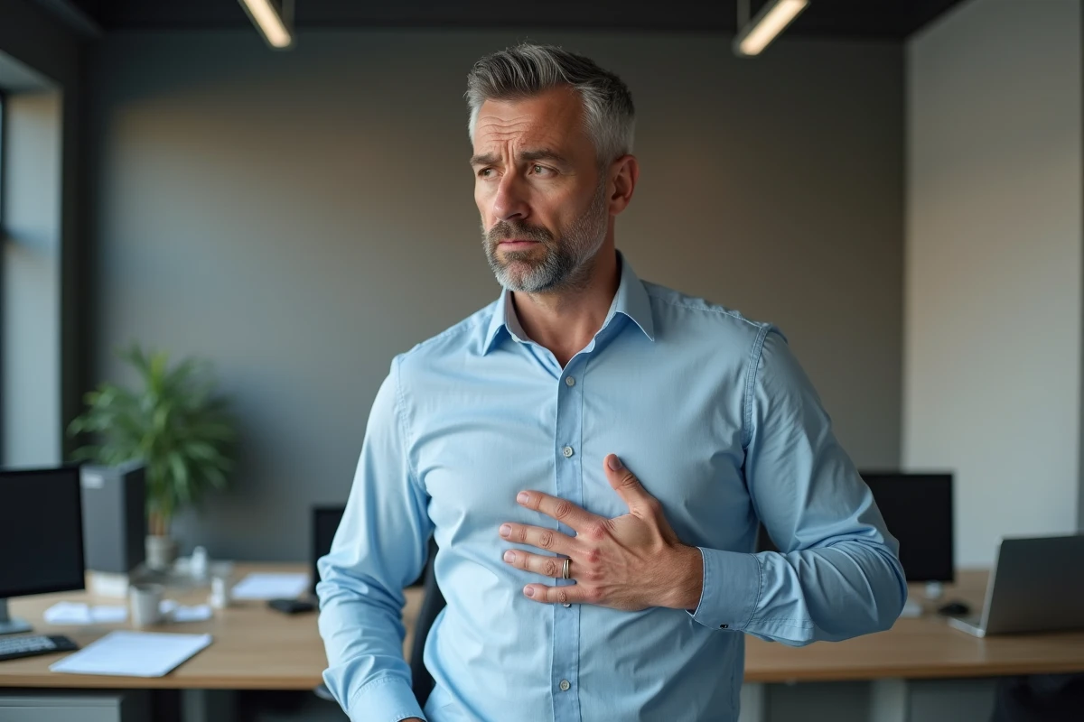 Homme daffaires touchant sa poitrine au bureau