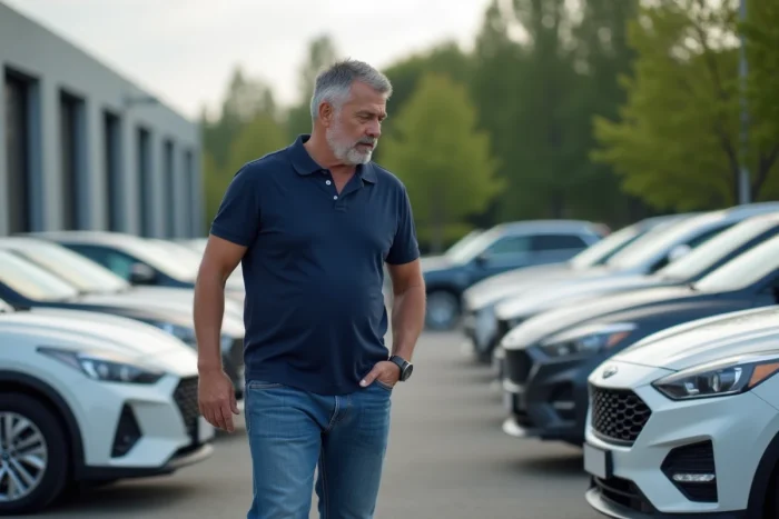 Homme d'âge moyen inspectant une voiture d'occasion en concession
