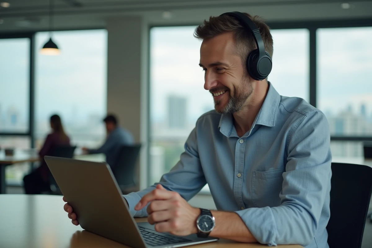 Homme en webinaire professionnel dans un espace de coworking