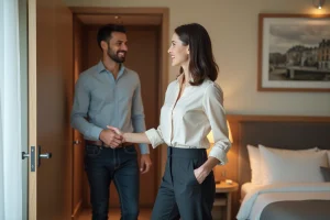 Hôtesse accueillante ouvrant la porte d'une chambre d'hôtel moderne