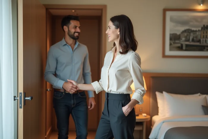 Hôtesse accueillante ouvrant la porte d'une chambre d'hôtel moderne
