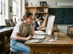 Jeune femme en studio d'art regardant une toile en cours