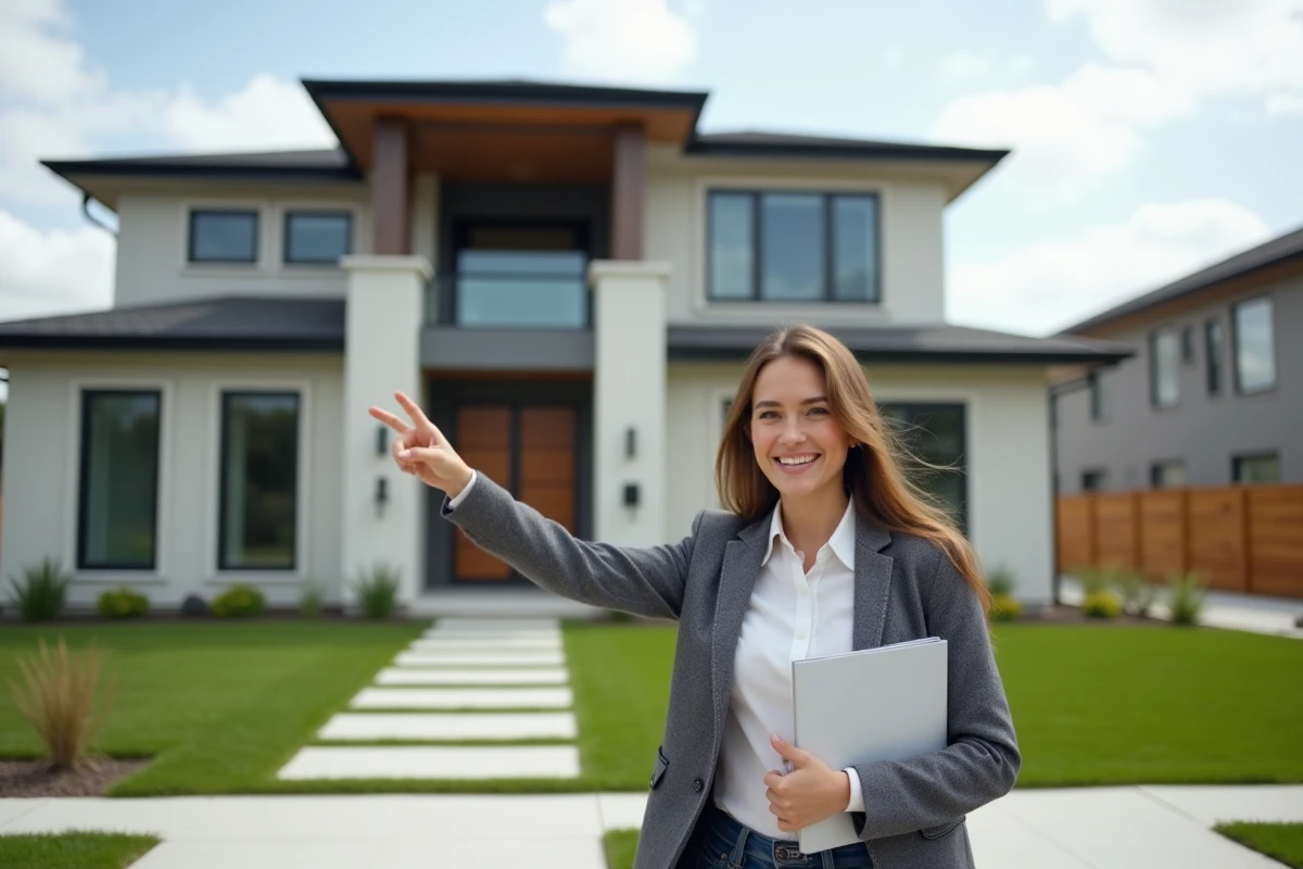 Jeune femme souriante pointant la maison neuve