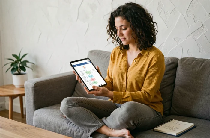 Jeune femme explorant un plan de site web sur une tablette depuis son salon