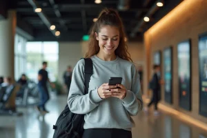 Jeune femme souriante vérifiant son smartphone dans un hall de gym