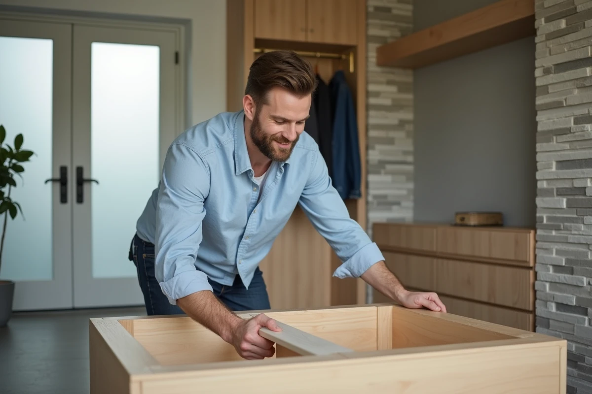 Jeune homme assemble un meuble en bois dans l