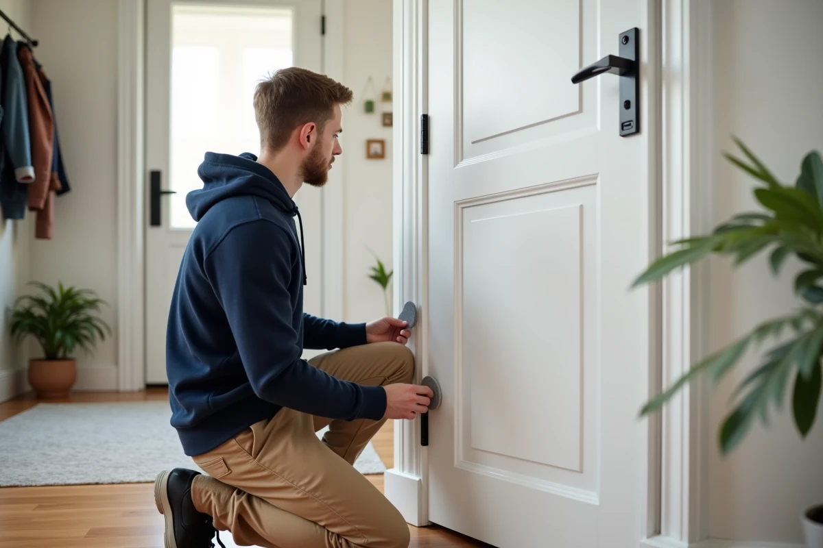 Jeune homme fixant des patins en feutre sur une porte blanche