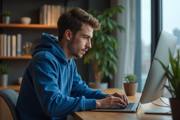 Jeune homme en hoodie bleu utilisant un ordinateur portable dans un intérieur cosy