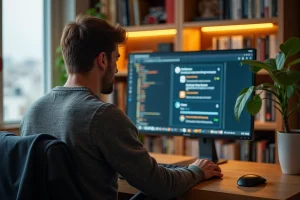 Jeune homme travaillant sur un forum Linux dans un bureau moderne