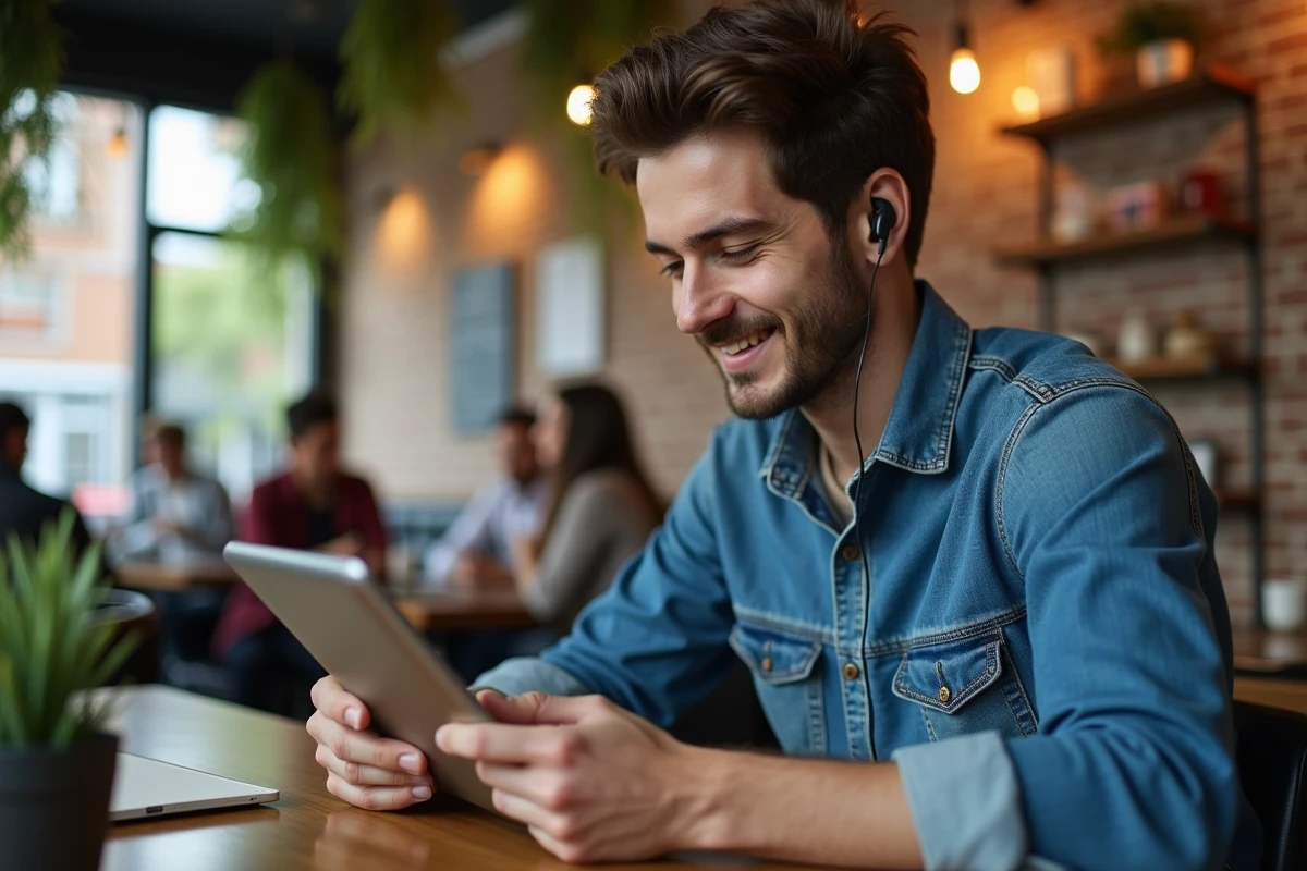 Jeune homme au café urbain recherchant un emploi sur tablette
