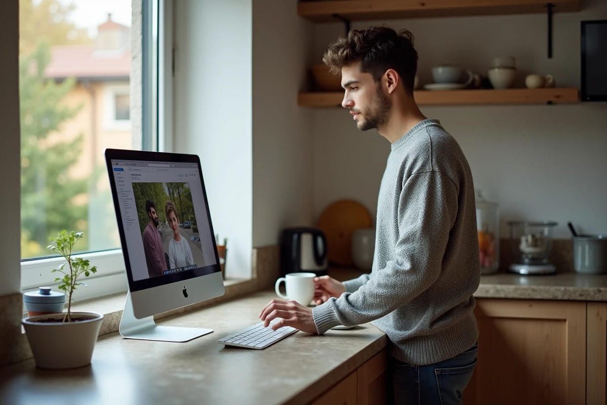 Jeune homme vérifiant un message dans sa cuisine à la maison
