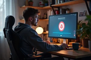 Jeune homme concentré devant son écran d'ordinateur avec erreur Valorant