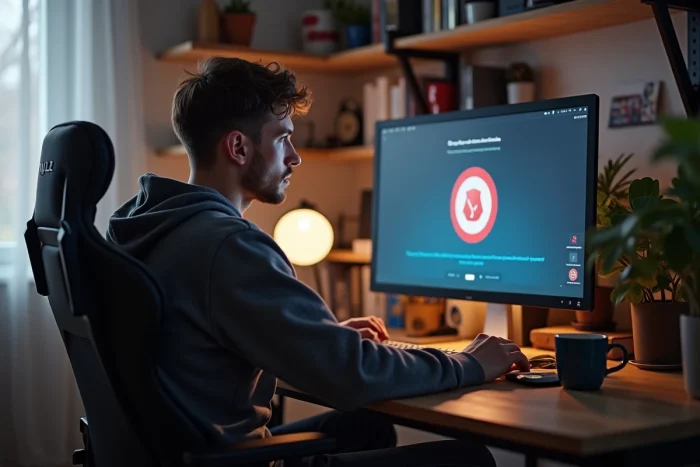 Jeune homme concentré devant son écran d'ordinateur avec erreur Valorant