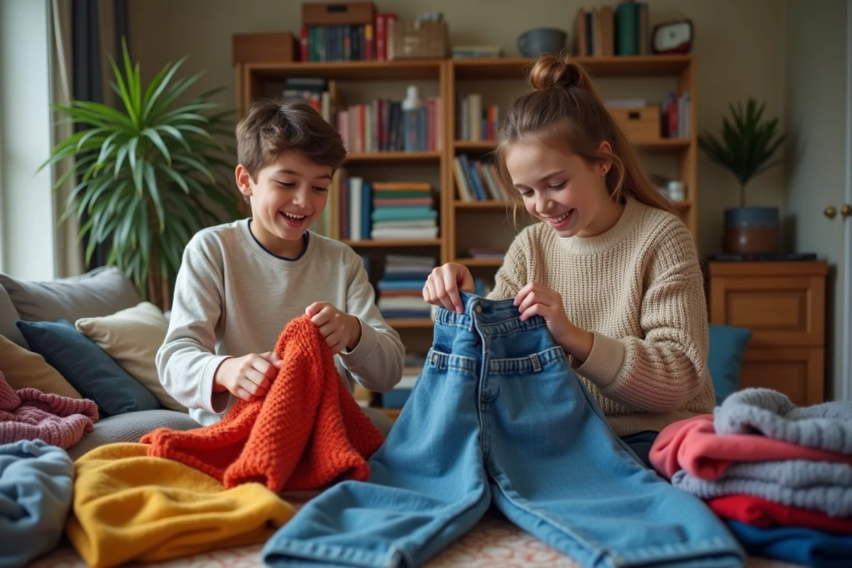 Adolescents triant des vêtements dans un salon chaleureux