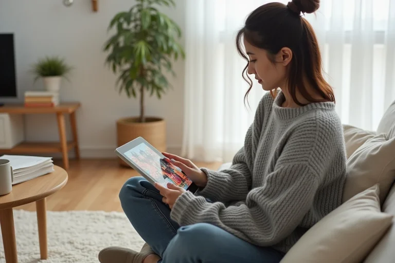 Jeune femme lisant des mangas en ligne sur une tablette dans un salon cosy au style scandinave