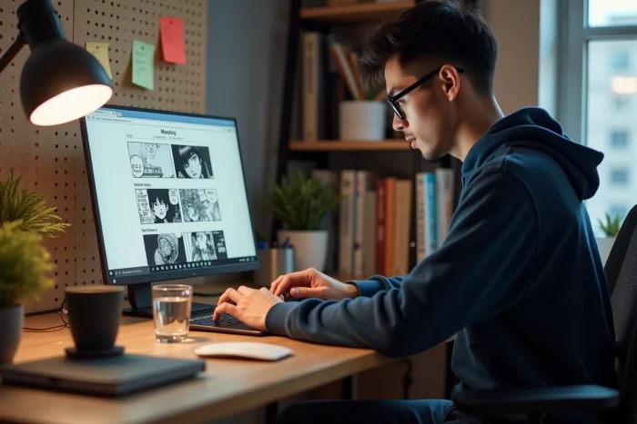 Jeune homme lisant des mangas légalement en ligne sur un ordinateur portable dans un bureau à domicile