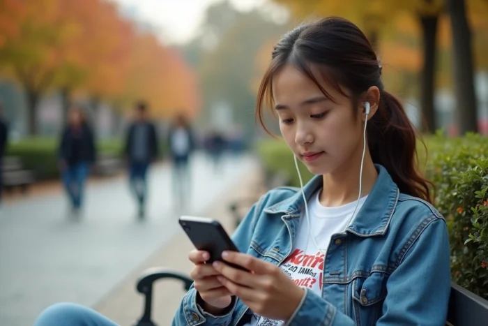 Adolescente lisant des mangas en ligne sur smartphone dans un parc urbain en automne