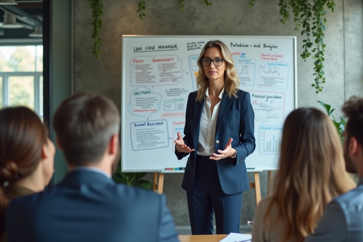 Manager confiante expliquant une strategie devant l