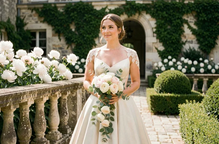 Mariée en robe de dentelle ivoire tenant un bouquet de pivoines blanches dans un jardin de château français