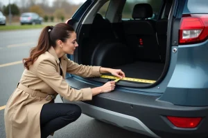 Femme mesurant le volume du coffre d'un SUV compact dans un parking, évaluant la taille avant achat
