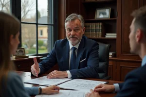 Notaire en costume bleu examinant un contrat et des plans