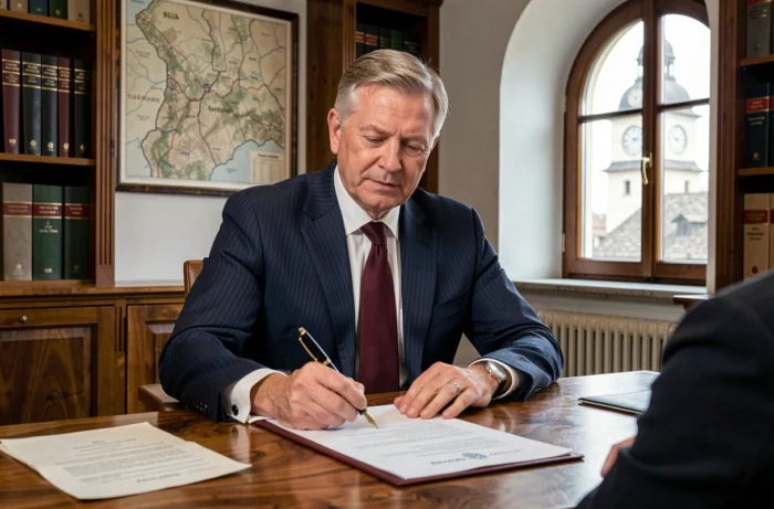 Notaire suisse signant des documents officiels d'achat immobilier dans un bureau historique avec vue sur une rue pavée