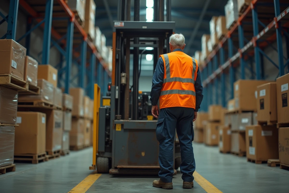 Ouvrier dans un entrepôt utilisant un ascenseur industriel