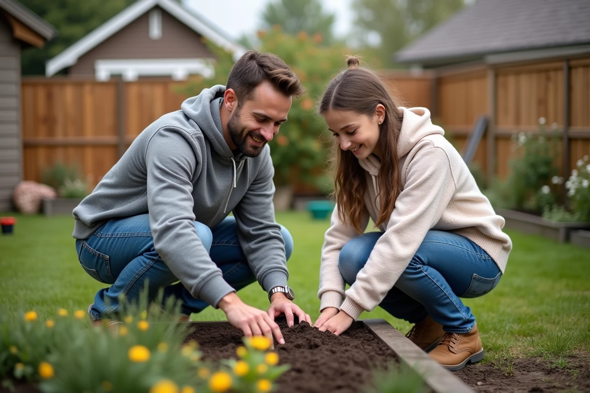 Pere et fille plantant des fleurs dans le jardin