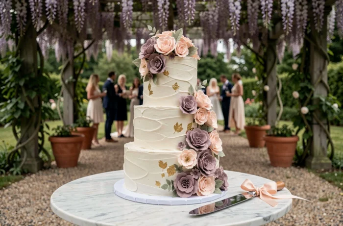 Pièce montée de mariage à trois étages décorée de fleurs en sucre et de feuilles d'or sur une table en marbre