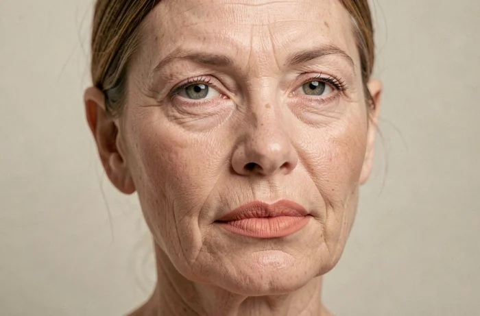 Portrait beauté en gros plan d'une femme de 60 ans avec un rouge à lèvres corail naturel et un regard assuré
