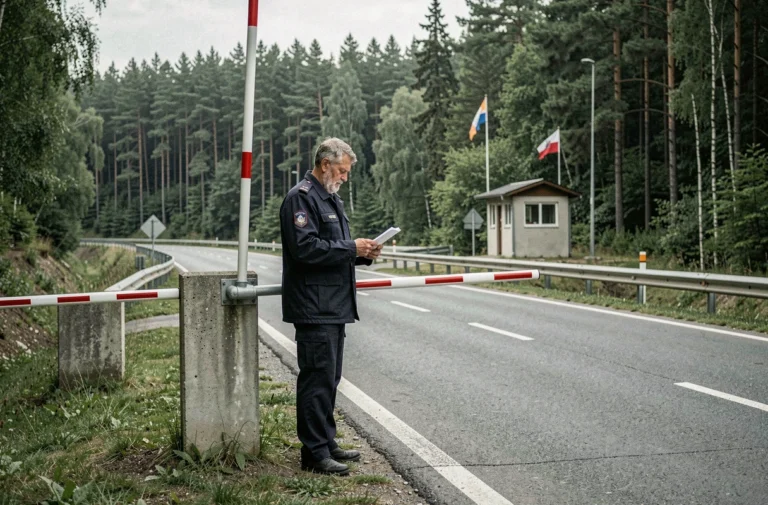 Agent des frontières européen contrôlant un poste frontière peu fréquenté en Europe de l'Est, illustrant les pays accueillant peu de migrants