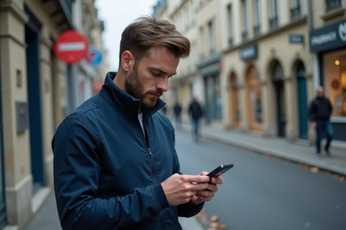 Homme recherchant un partenaire optique agréé Crédit Mutuel sur son smartphone en ville