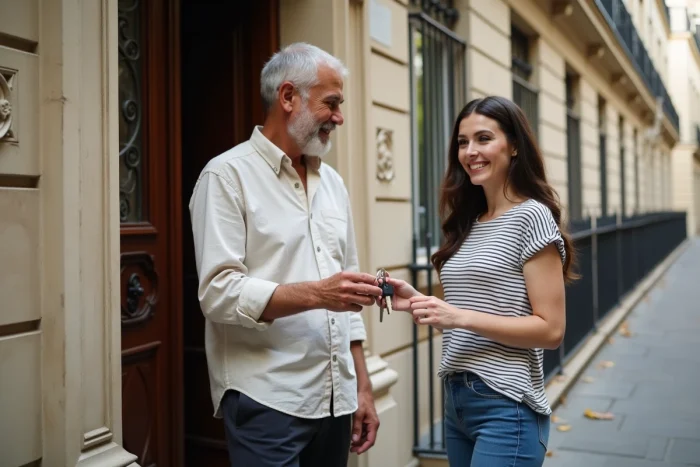 Propriétaire remettant les clés d'un appartement à une locataire devant un immeuble haussmannien