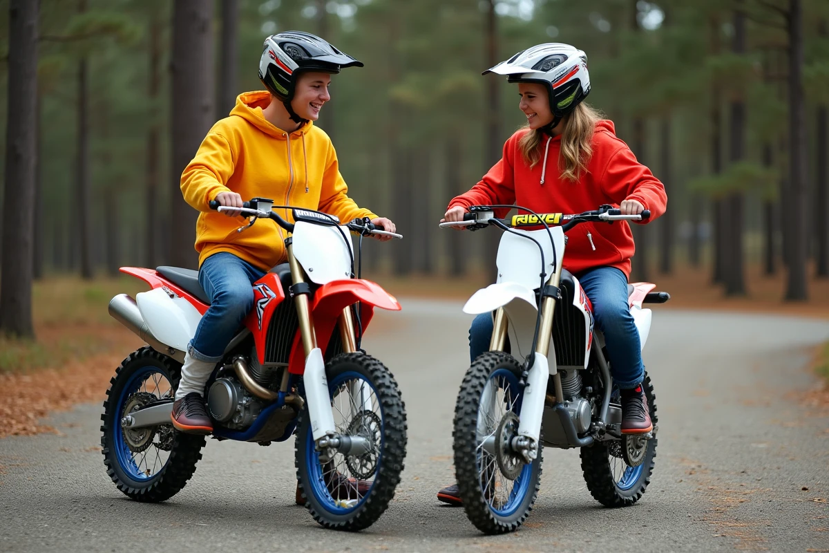 Deux jeunes riders souriants avec leurs motos en forêt