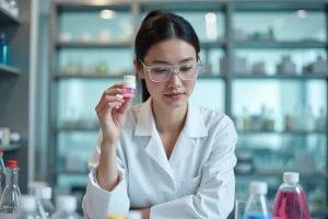 Scientifique femme en laboratoire examinant une crème pastel