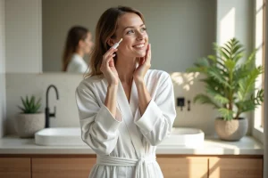 Femme appliquant un serum visage dans une salle de bain lumineuse