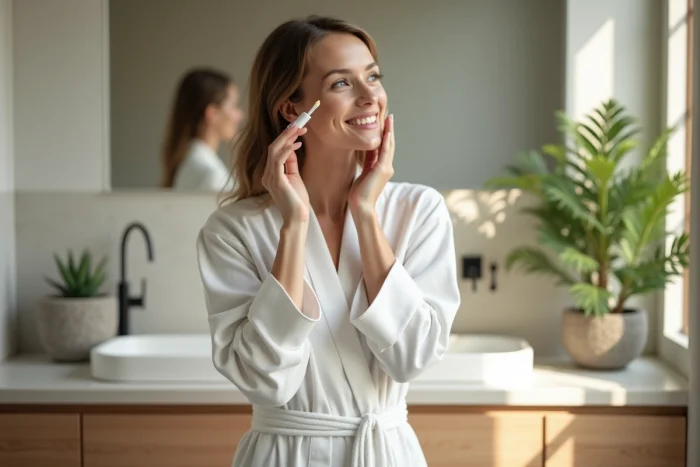Femme appliquant un serum visage dans une salle de bain lumineuse